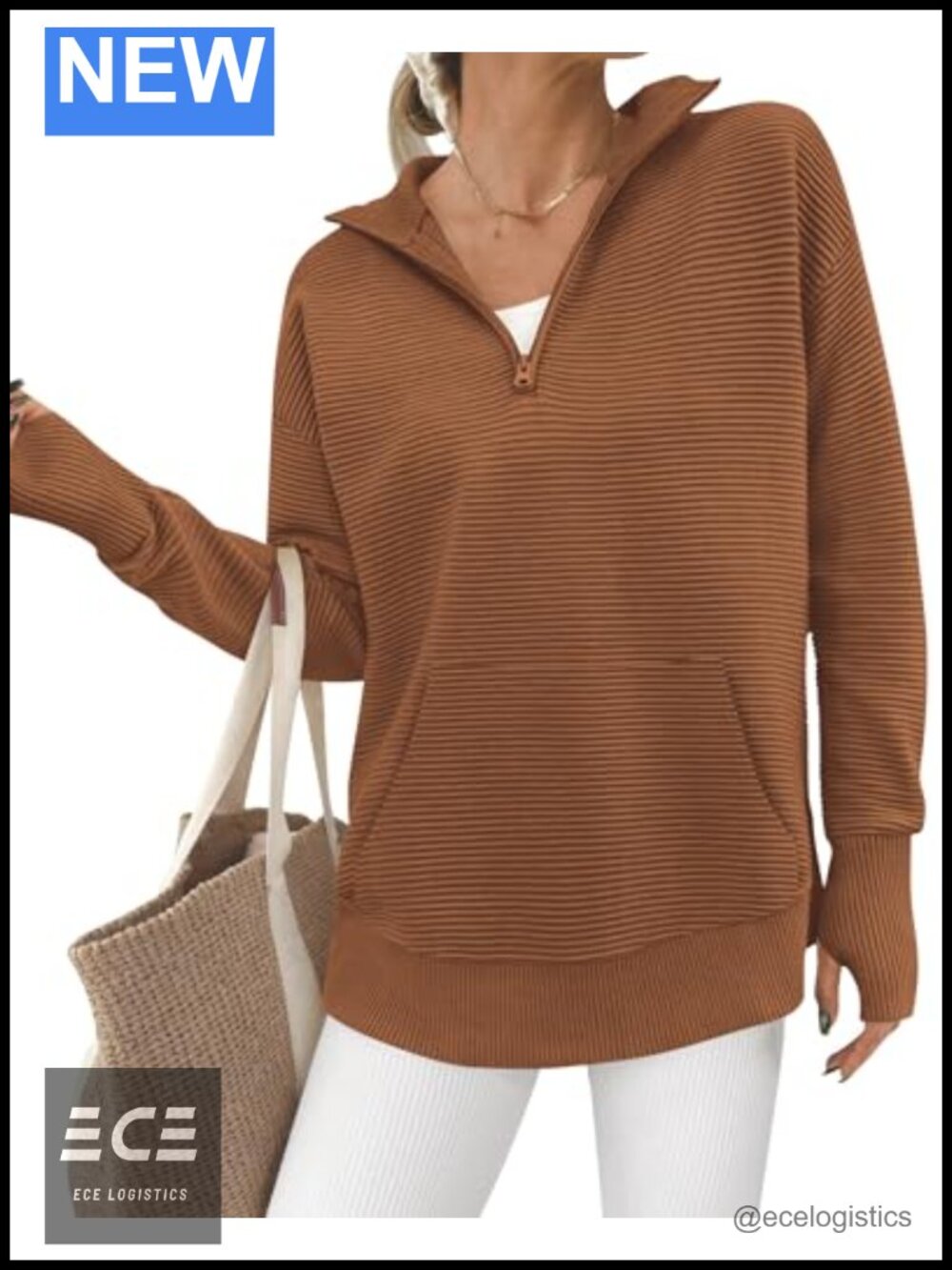Quarter Zip Pullover Sweater Ribbed Knit Loose Fit Thumb Hole